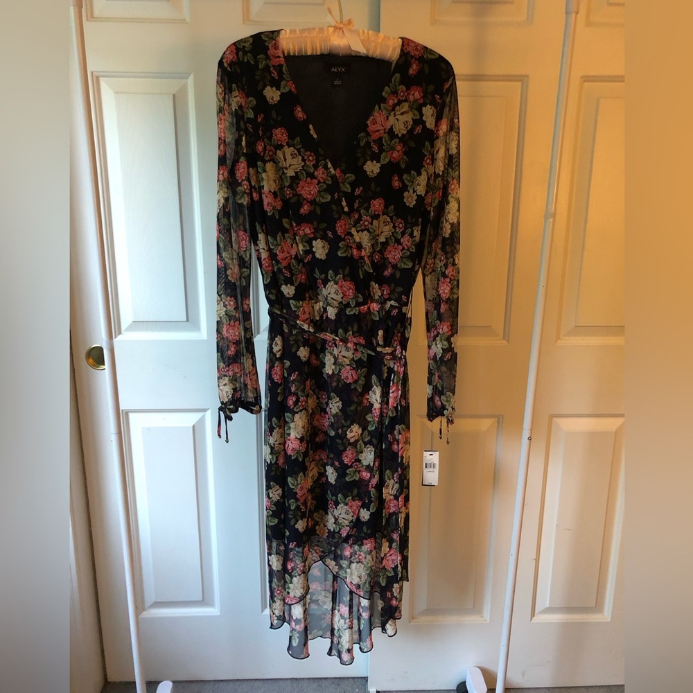 Alyx Black Floral Wrap Midi Dress with Pink and Green Blooms
